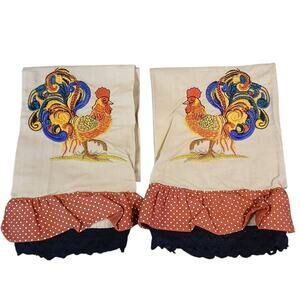 Colorful Embroidered Rooster Chicken 100% Cotton Linen Tea Towels x2 28x16" READ